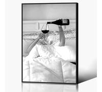 Anslipswar Preppy Canvas Wall Art, Girl In Bed with Champagne Pictures, Modern Neutral Fashion Poster Trendy Teen Girl Funky Home Wall Decor for Living Room Bar Cart 16x24in Framed