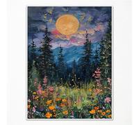 Anslipswar Vintage Full Moon Above The Wildflowers Canvas Wall Art, Mystical Midnight Woodland Art Print Poster, Retro Flowers and Trees Nature Oil Painting, Dark Forest Landscape 16x24in Unframed