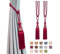 ANSNOW 2 Pack Mesh Ball Tassel Curtain Tiebacks Vintage Style Curtain Holdbacks Handmade Braided Rope Decorative Drape Tie Backs for Home and Office Window Drapery/Wine Red