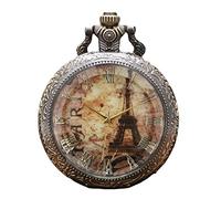 anso Antique Eiffel Tower Rome Number Quartz Pocket Watch Necklace Pendant Chain