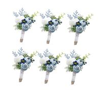 Ansofi 6Pcs Dusty Blue Boutonniere for Men Wedding White Rose Eucalyptus Groom Groomsmen Boutonnieres Buttonholes for Wedding Party Prom Decoration