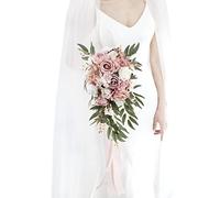 Ansofi 9" Dusty Rose Wedding Bouquets for Bride, Cascading Bridal Bouquet for Bride Artificial Silk Roses Flowers Tossing Bouquet for Wedding Ceremony Decor