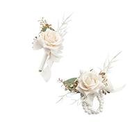 Ansofi Champagne Corsage and Boutonniere Set, Prom Artificial Flower Wrist Corsage Bracelets for Homecoming, Boutonniere for Men Wedding Flowers Accessories Prom Suit Decorations