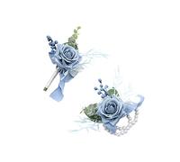 Ansofi Dusty Blue Corsage and Boutonniere Set, Prom Artificial Flower Wrist Corsage Bracelets for Homecoming, Boutonniere for Men Wedding Flowers Accessories Prom Suit Decorations