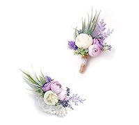 Ansofi Purple Corsage and Boutonniere Set Artificial Rose Flower Wrist Corsage and Boutineers for Groom Groomsmen Bride Bridesmaids Prom Rustic Vintage Wedding Decor