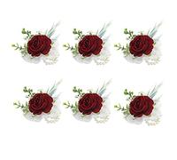 Ansofi Set of 6 Burgundy Wedding Wrist Flower Wine Red Floral Wrist Corsage Bridal Rose Leaf Hand Flowers for Bride and Bridesmaid Festival Prom Engagement
