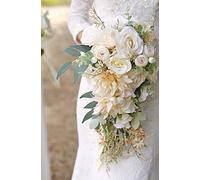 Ansofi Wedding Bouquets for Bride Cascading Bouquets for Bride Beige Rose Artificial Bridal Bouquet for Boho Rustic Wedding Ceremony Anniversary