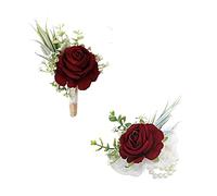 Ansofi Weinrote Ansteckblume und Boutonniere-Set, künstliche burgunderrote Rose, Handgelenk-Ansteckblume und Boutineers für Bräutigam, Trauzeugen, Abschlussball, rustikale Vintage-Hochzeitsdekoration