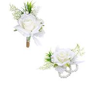 Ansofi White Corsage and Boutonniere Set Artificial Rose Flower Wrist Corsage and Boutineers for Groom Groomsmen Bride Bridesmaids Prom Rustic Vintage Wedding Decor