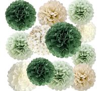 ANSOMO Sage Green Tissue Paper Pom Poms Flowers Party Decorations Birthday Wedding Bridal Baby Shower Classroom Ivory Tan Boho Wild Safari Jungle Botanical Greenery Wall Hanging Décor Supplies