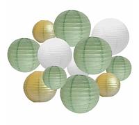 ANSOMO Sage Green White and Gold Paper Lanterns Party Decorations Chinese Japanese Hanging Decorative Birthday Baby Shower Bridal Wedding Greenery Neutral Home Décor 12 Pcs 12" 10" 8" 6"