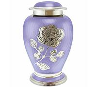 Ansons Urns Silver Rose Cremation Urn - Funeral Urn with Large Flower on Lilac Purple Enamel - Burial Urn for Human Ashes Adult Size - 100% Brass