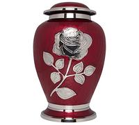 Ansons Urns Silver Rose Cremation Urn - Funeral Urn with Large Flower on Red Enamel - Burial Urn for Human Ashes Adult Size - 100% Brass