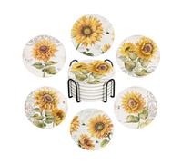 Ansouyi Drink Coasters for Drinks Set of 6, Vintage Sunflowers and Herbs Absorbent Round Ceramic Stone Mat, with Cork Base and Metal Holder, Home Bar Decor House Warming Gift