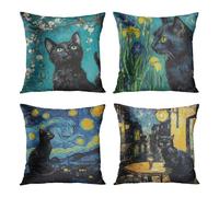 Ansouyi Throw Pillow Covers 18x18 Inch Set of 4, Van Gogh Art and Black Cat Square Pillowcase Decorative Cushion Covers, Home Decor Pillow Case for Sofa Couch Bed