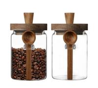 ANSQU 2 Pack Glass Food Storage Jars with Wood Lids &Spoons, 20.3oz Glass Kitchen Canisters for Coffee, Tea, Cereal, Spice and Canning, Mason Jars with 28 Labels (20.3oz-2pack)