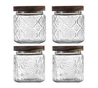 ANSQU 4 Pack Vintage Glass Storage Jar, 16.9 FL OZ Glass Canister Storage Jar Container with Airtight Wooden Lid for Kitchen Counter, Pantry, Coffee, Tea, Sugar, Cookie Jars (Begonia&Sunflower)