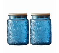 ANSQU 700ml Blue Glass Jars, 2 Pack Vintage Glass Kitchen Storage Counter Jars, Candy Jars with Lids, Mason Jars Hold Coffee Beans, Tea, Cookie, Sugar, Bath Salts & More