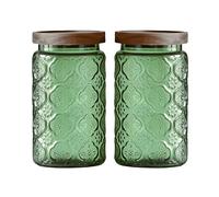 ANSQU Set of 2 Vintage Storage Glass Jar, Green Begonia Kitchen Storage Jar, 33.8oz with Solid Wood Lid