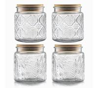 ANSQU Set of 4 Vintage Glass Airtight Storage Jars, 500ml Glass Storage Containers with Bamboo Lids, Canning Jar for Kitchen Counter, Pantry, Cookie, Coffee, Tea, Sugar, Cute Jars