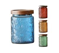 ANSQU Set of 4 Vintage Glass Storage Jars, 23.7oz Glass Coffee Canisters Decoraitve Mason Jars Sugar Containers with Airtight Wooden Lids for Kitchen Pantry, Cookie Jars (Sunflower)