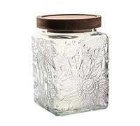 ANSQU Square Glass Jar with Lid - 25.4 oz Vintage Style Glass Food Storage Container for Kitchen Pantry, Candy, Sugar, Coffee, Cookies, Clear Kitchen Jar for Organization & Decor (Square Sunflower)