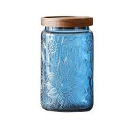 ANSQU Vintage Glass Jar with Solid Wood Lid, 34 FL OZ Blue Sunflower Decorative Jar, Glass Food Storage Container for Coffee, Tea Bags, Nuts, Sugar, Jam, Pet Food (Blue, 1 Pack)