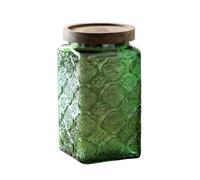 ANSQU Vintage Glass Jar with Solid Wood Lid - Decorative Food Storage Canister for Kitchen, Coffee, Candy, Laundry Detergent, Begonia Flower Design - Cute & Functional Jar (Square Green, 34 Ounces)