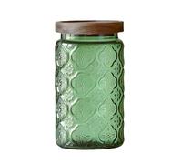 ANSQU Vintage Glass Storage Container, Green Glass Jar with Solid Wood Lid, 34 FL OZ Decorative Jar for Kitchen Storage Cabinets for Coffee, Jam, Nuts, Candy, Cookie, Pet Foods (Green Begonia)