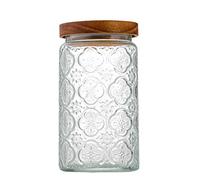 ANSQU Vintage Glass Storage Jar, Glass Canister Storage Jar Container with Airtight Wooden Lid for Kitchen Counter, Pantry, Coffee, Tea, Sugar, Cookie Jars (Round-Begonia)