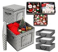 Anstore 2 Pack Foldable Storage Box Set with Tiered Trays & Lids, 31x31x30cm Multi-Purpose Organiser with Dividers, Home Office Christmas Organisation Grey White Stripe Non-woven Fabric Storage Cubes