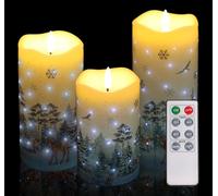 Anstore 3pcs Christmas Fake Candles Battery Powered with Timer,Christmas Flameless Candles with Christmas Tree Elk Pattern,LED Candle Lights Remote Control for Xmas Holiday Decor-D 3”x H 5” 6” 7”
