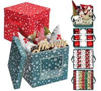Anstore Bauble Storage, Red & Green Snowflake Christmas Storage Box Set with Lids, 4-Tier Organiser with Dividers, Non-Woven Fabric Decoration Storage, 5-9cm Ornament Protection with Carry Handles