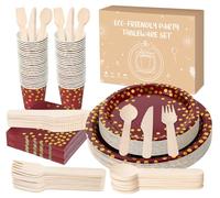 Anstore Burgundy Red Paper Plates, 200pcs Paper Plates Cups and Cutlery Set, 25 Guests Sustainable Foil Polka Dots Green Birthday Party Tableware Set Including Plate, Spoon, Fork, Knife, Cups, Napkins