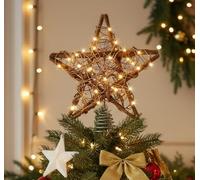 Anstore Christmas Tree Star Topper, 10 Inches Rattan Tree Topper with 50 Warm White LED Lights, Natural Woven Branch Star for Christmas Tree Wooden Rustic Stars for Xmas Decor 30x25cm Battery Powered