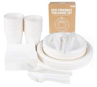 Anstore Disposable Plates and Cutlery Set, 200 Pcs Paper Plates and Cups Set, Biodegradable Tableware Set Party Wedding Christmas Picnic Set Including Plate, Spoon, Fork, Knife, Drinking Cups, Napkins