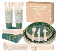 Anstore Green Paper Plates, 200pcs Paper Plates Cups and Cutlery Set, 25 Guests Sustainable Foil Polka Dots Green Birthday Party Tableware Set Including Plate, Spoon, Fork, Knife, Cups, Napkins