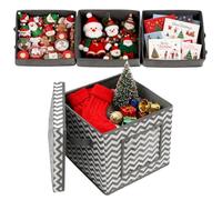 Anstore Multi-Purpose Foldable Storage Box with Lid & 3 Trays - 31x31x30cm Organiser with Dividers, Grey White Stripe Design, Non-woven Fabric Storage Cubes for Home Office Christmas Organisation