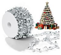 Anstore Silver Beads for Christmas Tree, 10m Silver Diamond Bead Garland Crystal & Multifaceted Round Bead Chain for Winter Wedding & Modern Home Decor, Christmas Tree Beads Chain Xmas Decorations