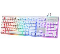 ANSWK Typewriter Style Keyboard with Metal Panel, Rainbow LED Backlit, Round Keys, Anti-ghosting, Spill Resistant, Light Up USB Wired Retro 104 Keys for Office/Gaming, White/Silver