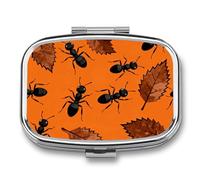 Ant & Leaf Pill Box 2 Compartment Square Metal Pill Organizer Portable Mini Travel Medicine Case with Mirror Cute Medicine Container Holder for Pocket Purse