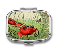 Ant Petal Line Pill Box 2 Compartments Portable Travel Pill Case Mini Medicine Organizer for Pocket Purse Metal Waterproof Medicine Container Holder Vitamin Fish Oil