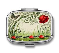 Ant Rose Petal Carry pilldispenser with Mirror 2 Compartments Waterproof PillCase for Purse Pocket Non-Slip Grip Travel Medicine Organizer Container Box for Vitamin Fish Oil Supplement