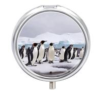 Antarctica Penguins Round Pill Box Cute Small Fish Oil Cases Portable 3 Compartment Pill Boxes Round Pill Case with Mirror for Vitamins Medication Supplements Gift