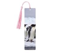 Antarctica Penguins Wooden Bookmarks 5 Pcs,Handmade Double-Sided Printed Book Marks Page Markers with Pink Tassels Book Accessories Gift for Book Lovers Women Men