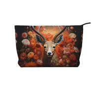 Antelope and Flowers Women's corduroy cosmetic bag, portable zipper hand-held wallet, suitable for travel and daily storage of cosmetics,