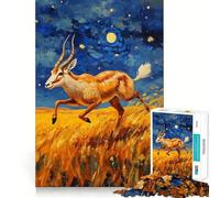 Antelope Running Under Starry Night Painting 1000 Piece Jigsaw Puzzle for Adults Brain Exercise DownTime Game Family Game Home Display (38x52cm)