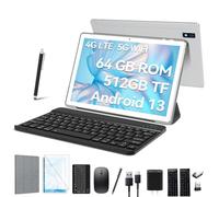 2024 Newest 10 Inch Tablet,3 in 1 Tablet with Keyboard Mouse pen, Android 13 Tablet 4G Cellular with 2 SIM 1 SD-64GB ROM TF Max 512GB,Octa-Core,1080 FHD,13MP,GMS-Zertifizierung,GPS/ WIFI/ BT(Silvery)