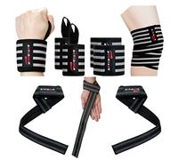 ANTEROOF Strength Training Essentials: Knee Wraps, Wrist Wraps, and Lifting Straps Set - Ultimate Gym Protection for Weightlifting, Bodybuilding, and Fitness Workouts(Grey Stripe)