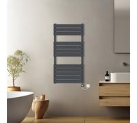 (Anthracite, 1200x600mm) Prefilled Electric Flat Panel Heated Towel Rail Radiator Thermostatic WIFI
